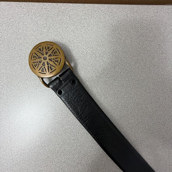 Vintage Wheel of Law Brass Buckle Tech Ether Guild Leather Belt Black Fits 38-41 - Picture 2 of 7